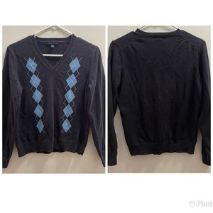 LANDS END Women’s Navy Argyle Vneck Sweater 100% Cotton. Size S 6/8